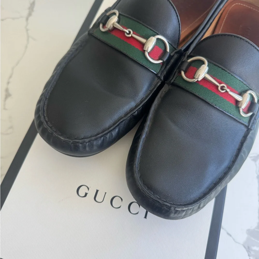 Gucci Black Leather Loafers with Red and Green Web and Silver Horsebit